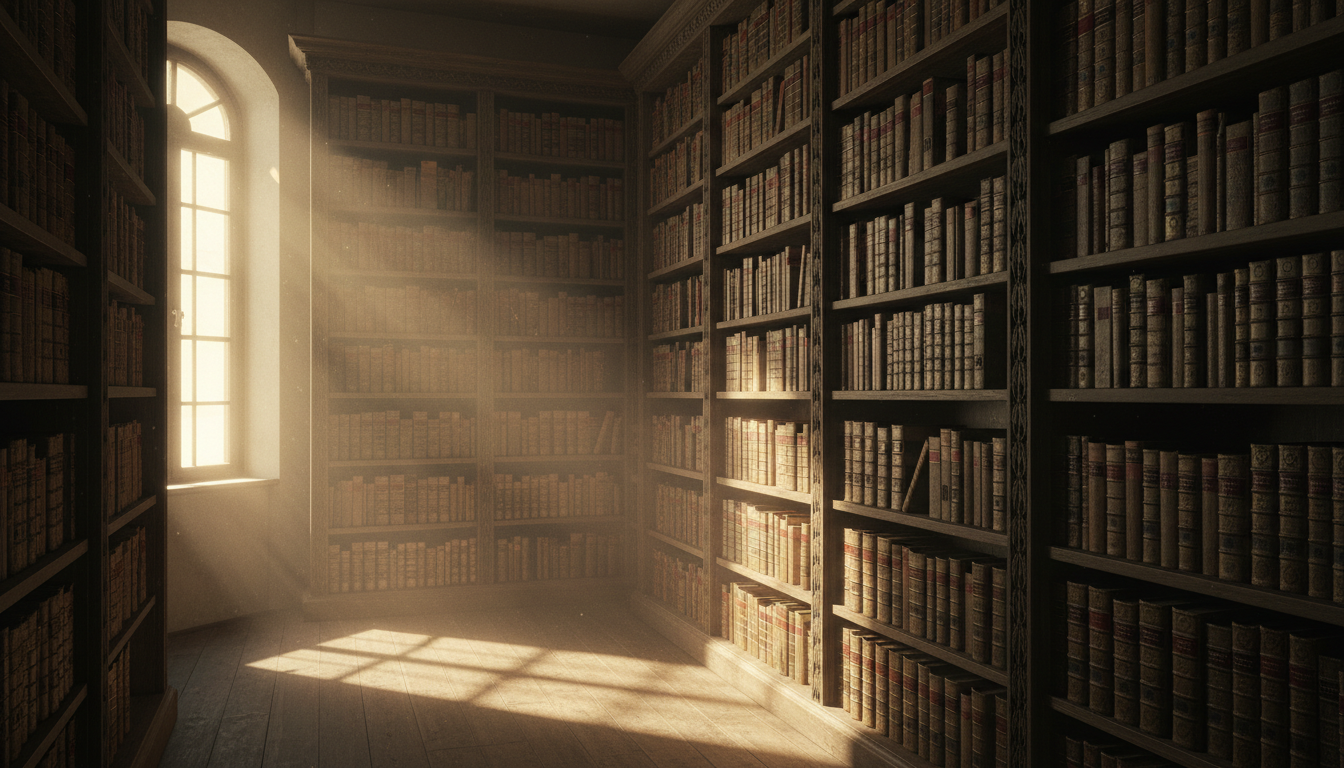 Interior of a European municipal archive with leather-bound ledgers